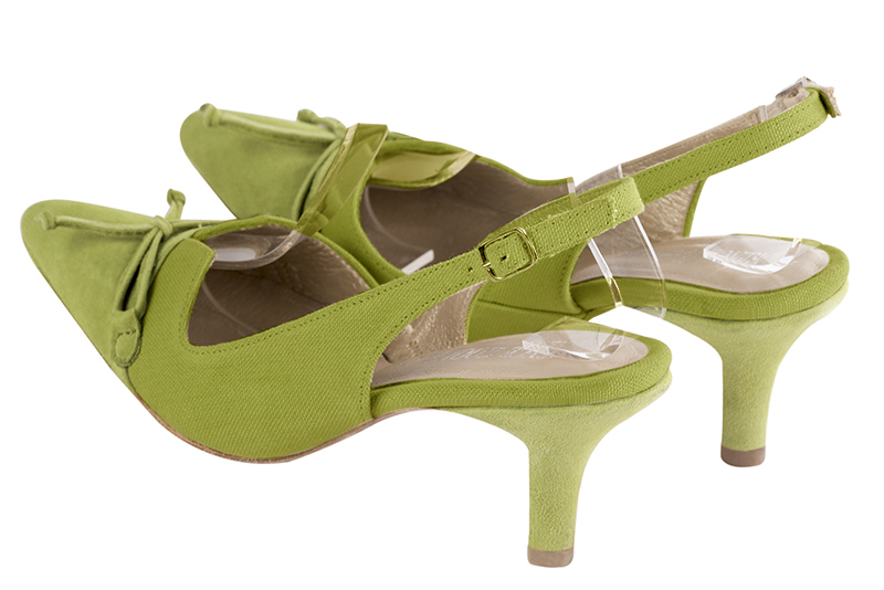 Pistachio green women's open back shoes, with a knot. Tapered toe. Medium slim heel. Rear view - Florence KOOIJMAN